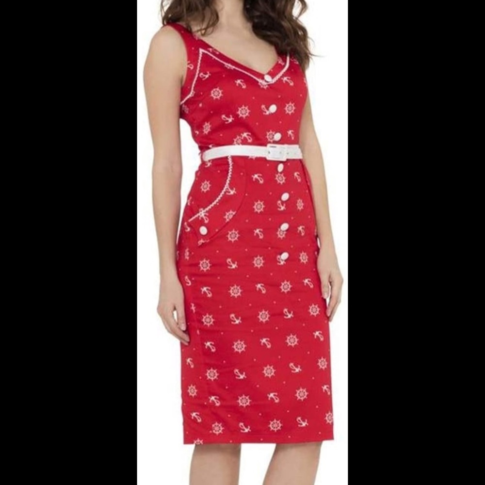 Voodoo Vixen Ida Wheel & Anchor Wiggle Dress Red